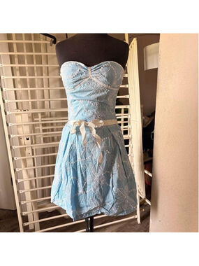 Vintage Y2K Angie- angel blue strapless dress with white floral embroidery